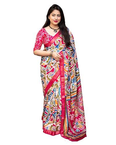 pandadi saree woman's pink cotton crape batik print saree with unstitched blouse piece.