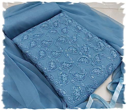 pandadi saree women's blue georgette lucknowi chikankari embroidered unstitched salwar suit dress material