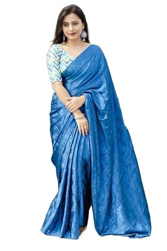 pandadi saree women's blue plain silk saree with unstitched silk blouse piece.