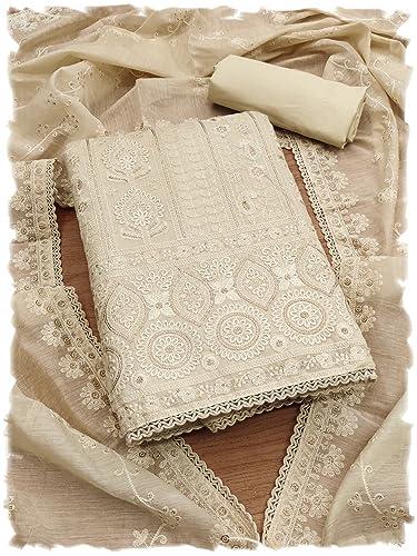 pandadi saree women's cream elegant lucknowi work with modal chanderi and embroidered dupatta unstitched dress material