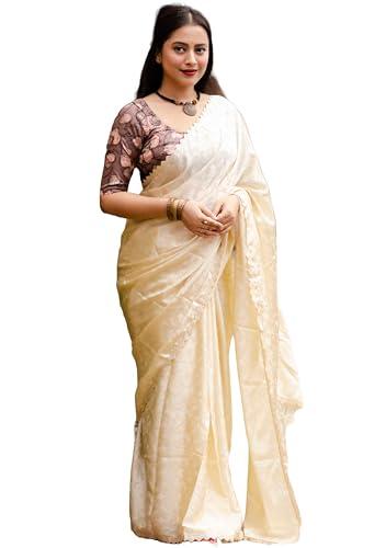 pandadi saree women's cream soft crepe silk saree with contrast blouse piece.