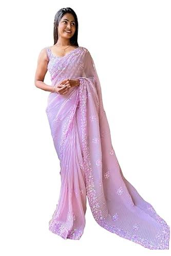 pandadi saree women's lavender crushed sequence georgette saree with unstitched blouse.