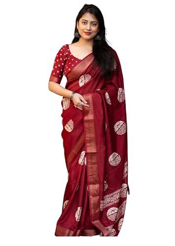 pandadi saree women's maroon cotton batik print saree with blouse piece.