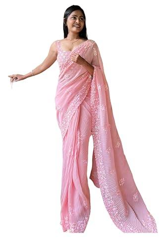 pandadi saree women's pink crushed sequence georgette saree with unstitched blouse.