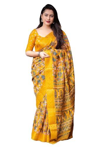 pandadi saree women's yellow silk saree with kalamkari print unstitched blouse piece.