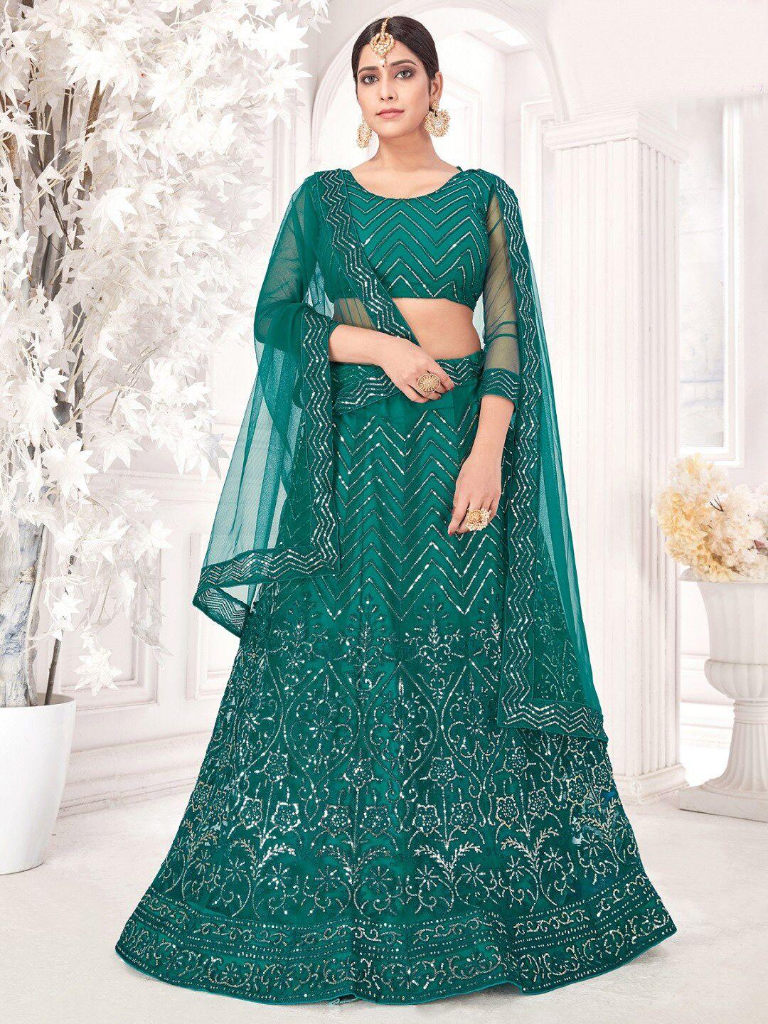 pandadi saree women green embroidered sequinned semi-stitched lehenga & blouse with dupatta