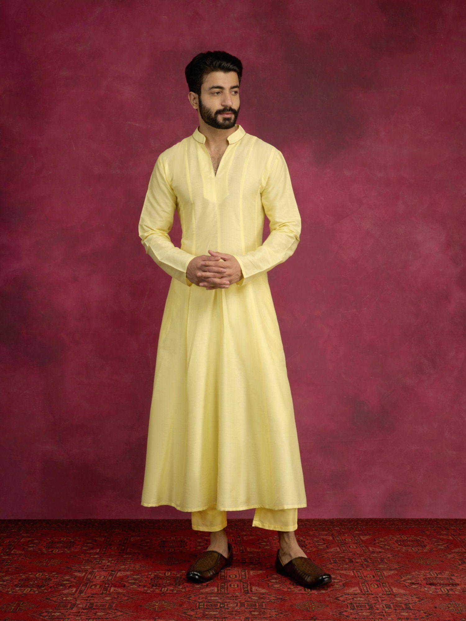paneled anarkali kurta paired with straight pants-lemon yellow (set of 2)