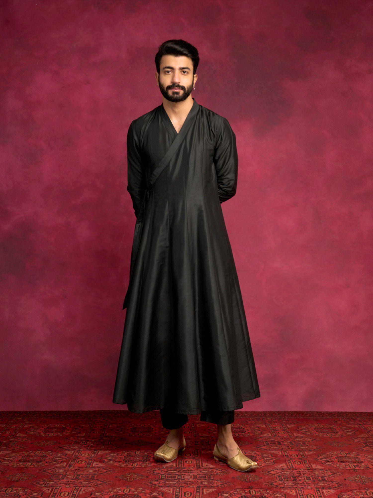 paneled angrakha kurta-rich black