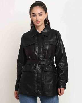 paneled button-front coat with belted waist