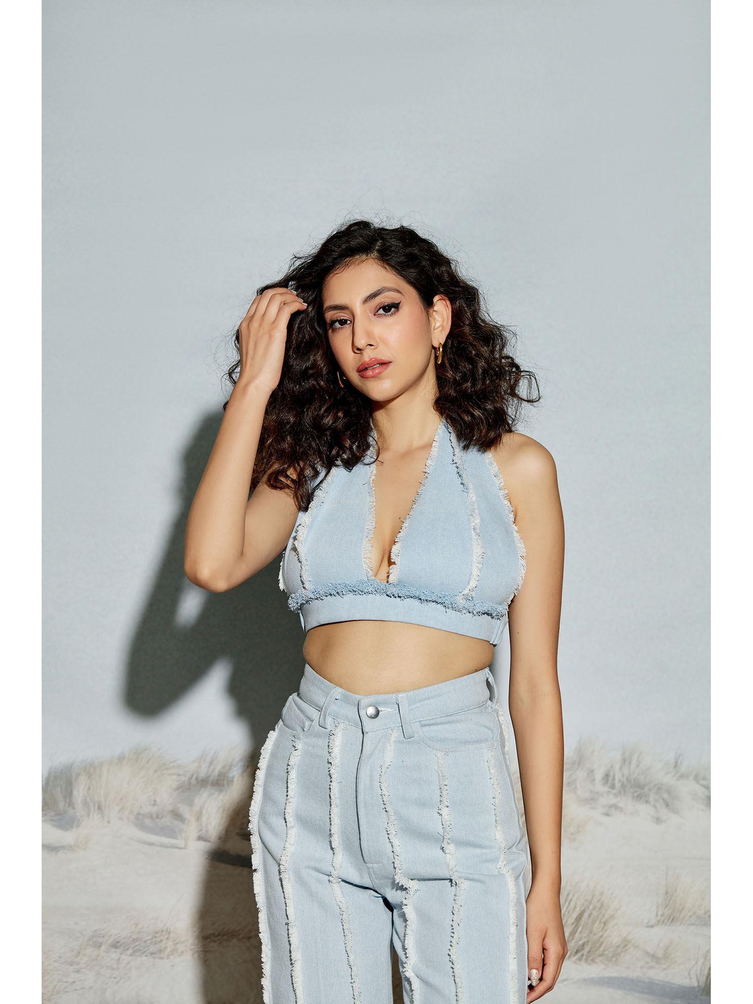 paneled plunging neck denim top