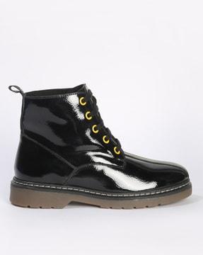 panelled patent lace-up ankle-length boots