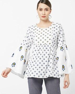 panelled block print a-line tunic with bell sleeves