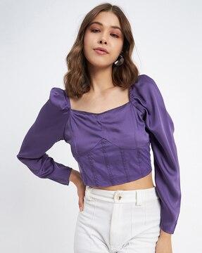 panelled crop top with puff sleeves