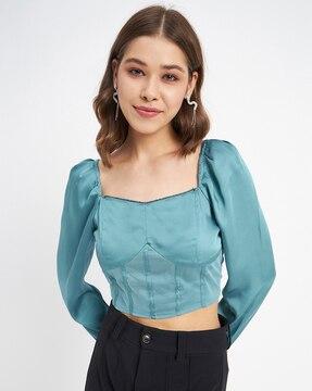 panelled crop top with puff sleeves