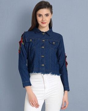 panelled denim jacket with frayed hem