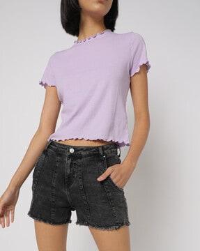 panelled denim shorts with raw hems