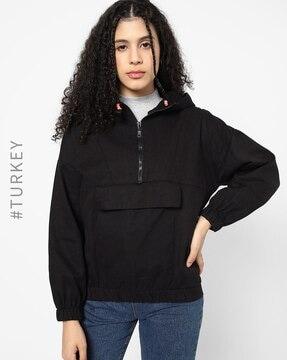 panelled hoodie with short zip placket