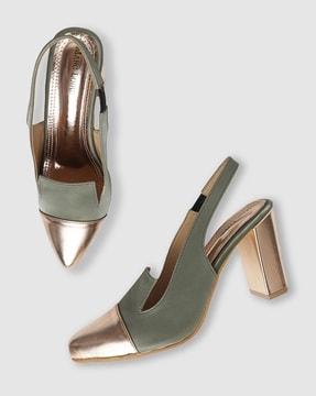 panelled pointy-toe slingback chunky heels