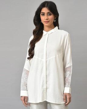 panelled shirt with embroidered organza sleeves