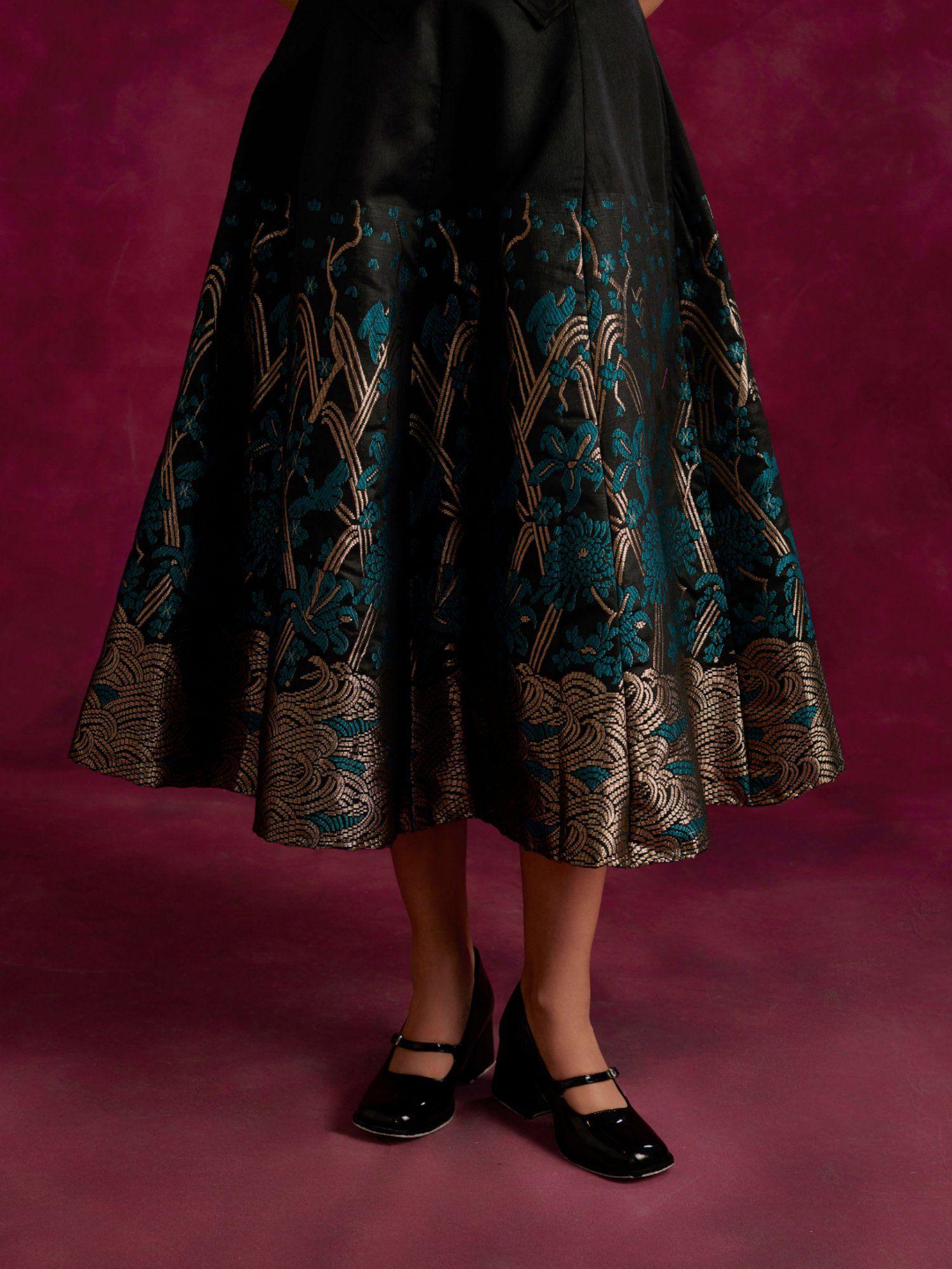 panelled skirt with zari work hem black