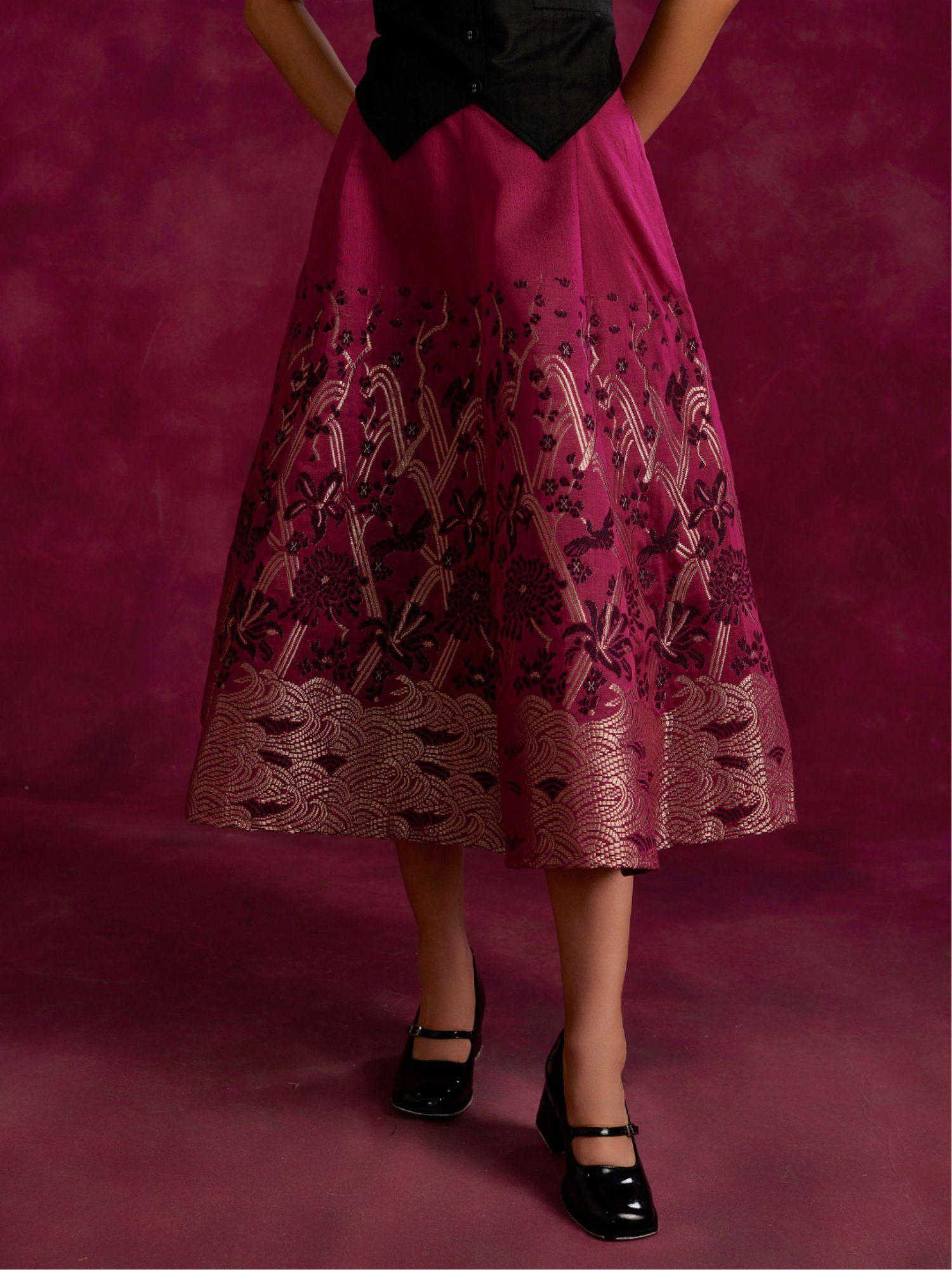 panelled skirt with zari work hem cabaret pink