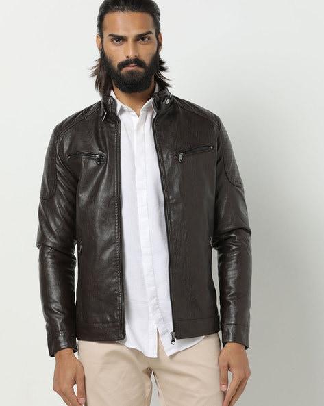panelled slim fit zip-front biker jacket