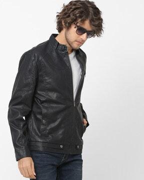 panelled zip-front slim fit biker jacket