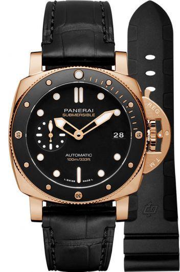 panerai submersible black dial automatic watch with leather strap for men - pam00974
