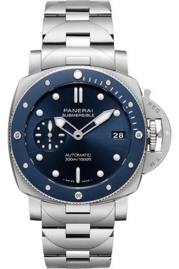 panerai submersible blue dial automatic watch with steel bracelet for men - pam01068