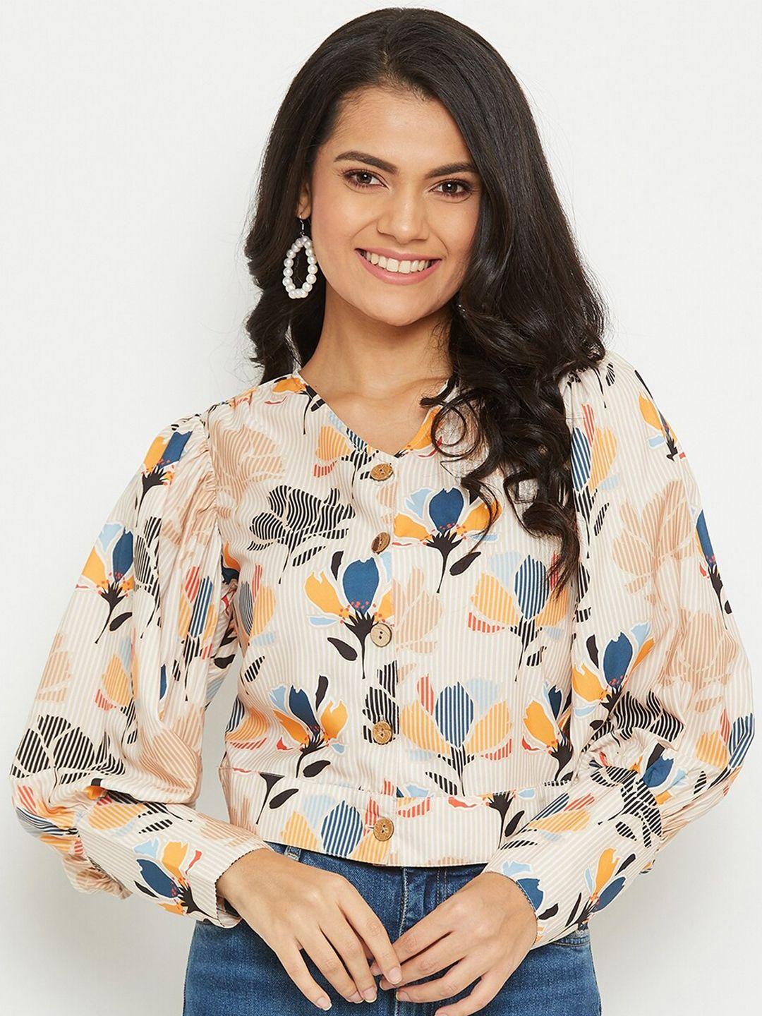 panit brown & mustard yellow floral crepe shirt style top