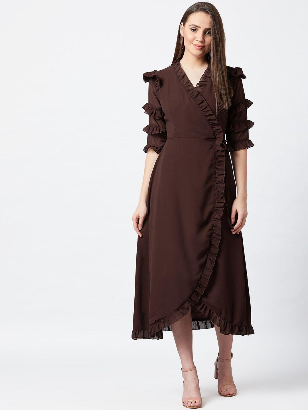 panit brown solid frilled wrap dress