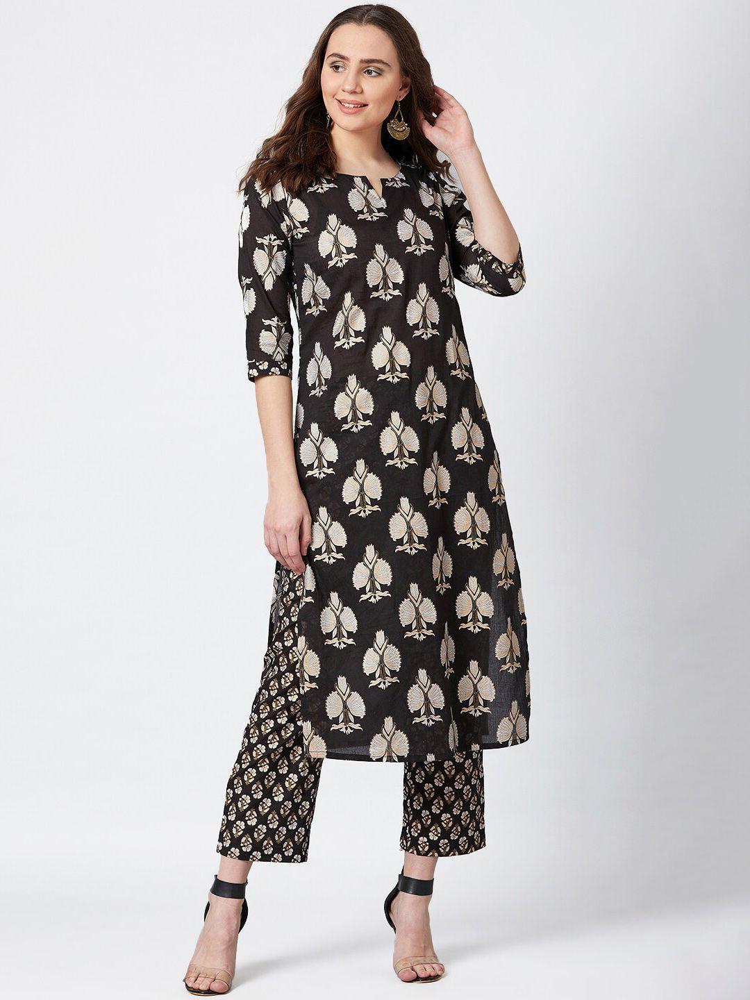 panit women black floral printed pure cotton kurta with trousers