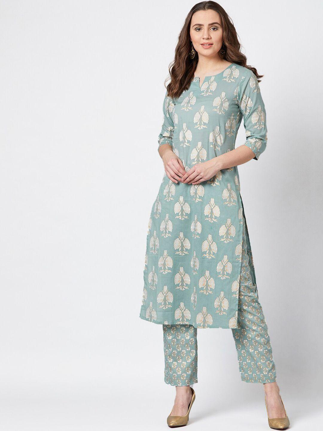 panit women green & gold-coloured printed kurta with trousers