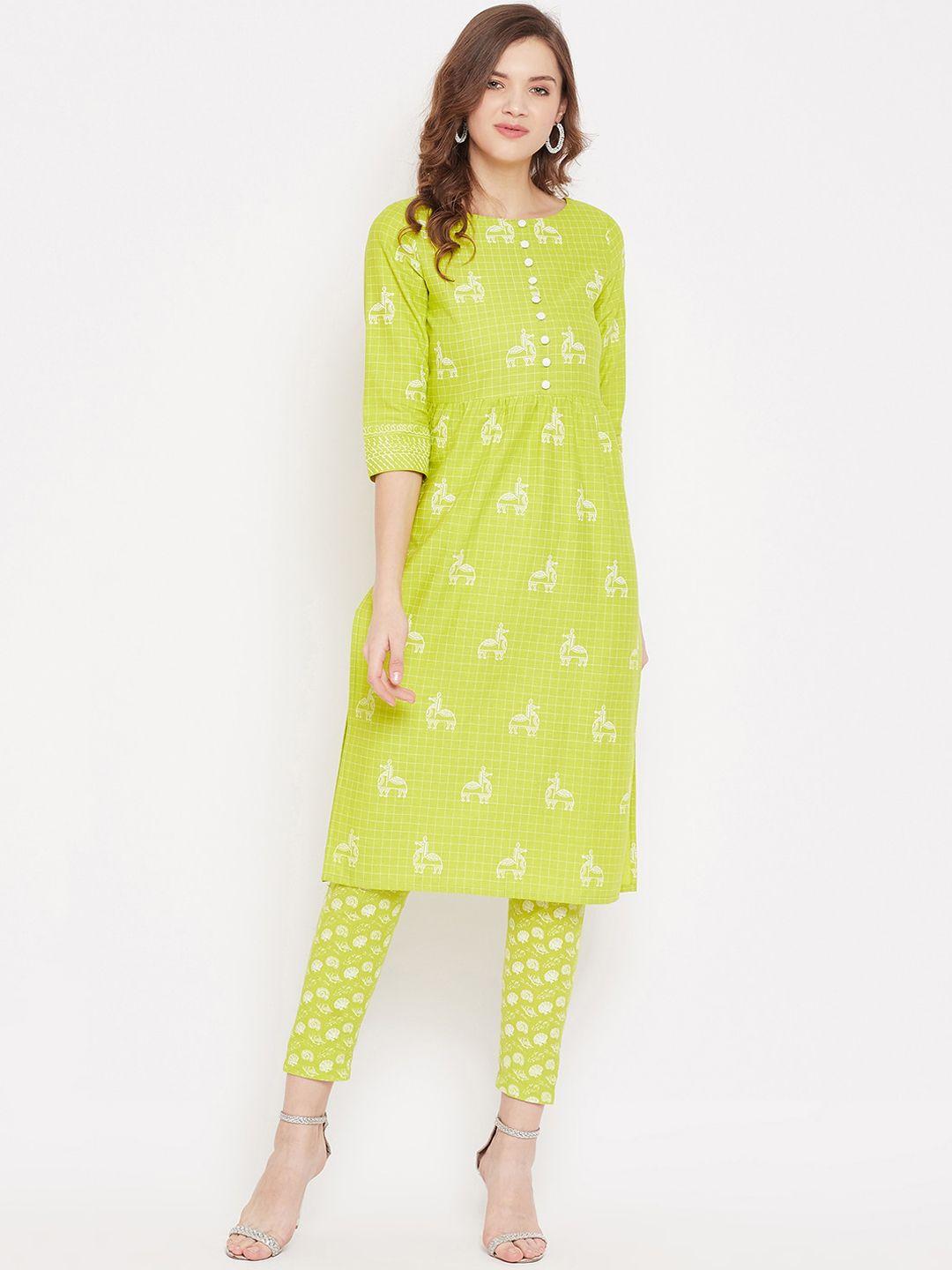 panit women lime green floral printed pleated kurti with trousers