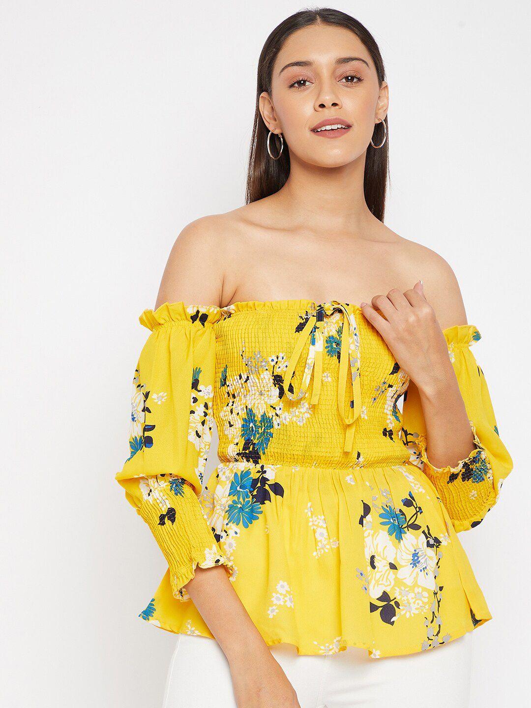 panit yellow floral off-shoulder crepe bardot top