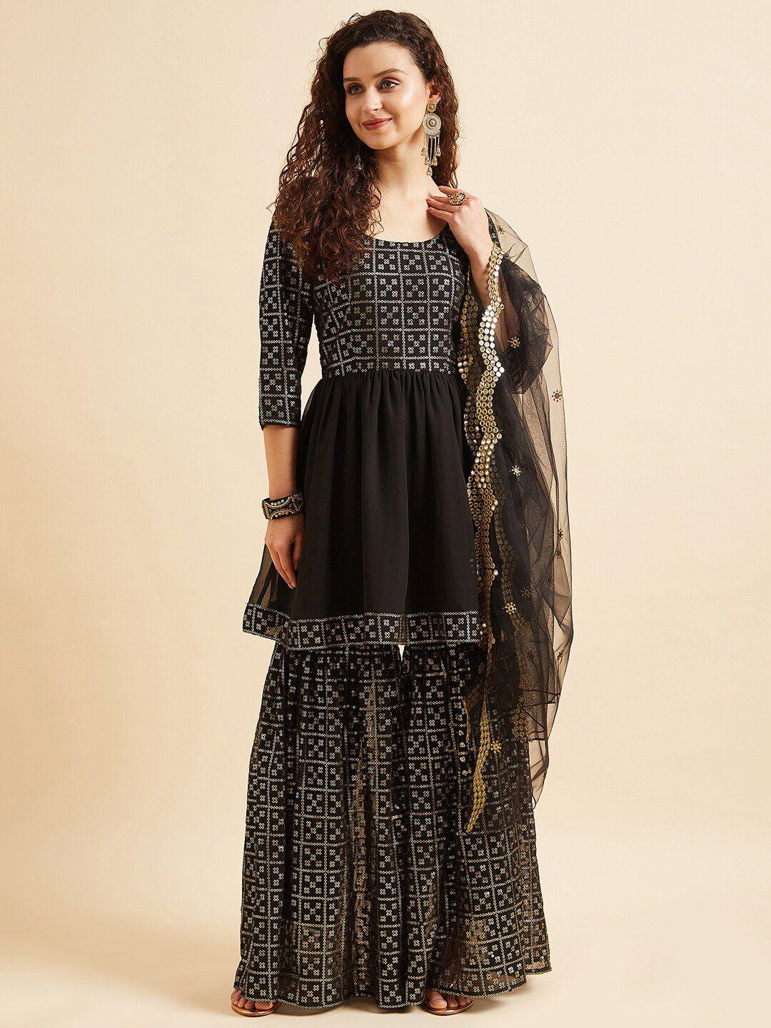 panit black & gold-toned yoke design sequined kurti with sharara & dupatta