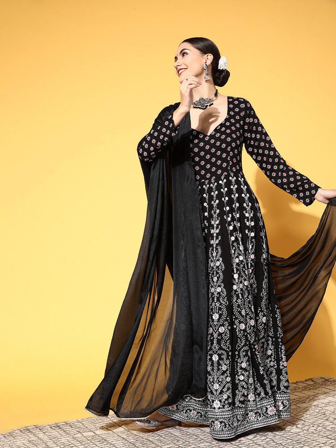 panit black ethnic motifs printed fit & flare maxi dress with dupatta