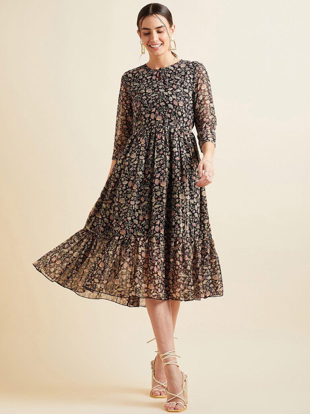 panit black floral print georgette fit & flare midi dress