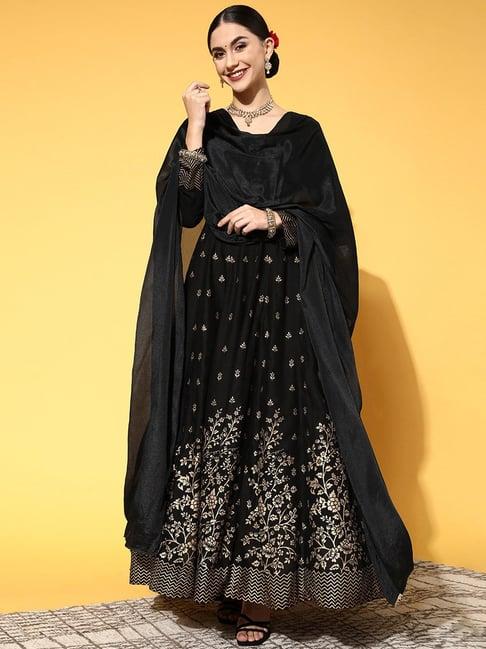 panit black printed maxi dress with dupatta