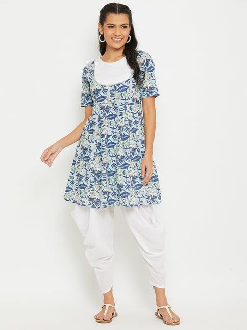 panit blue & white printed cotton tunic & dhoti set