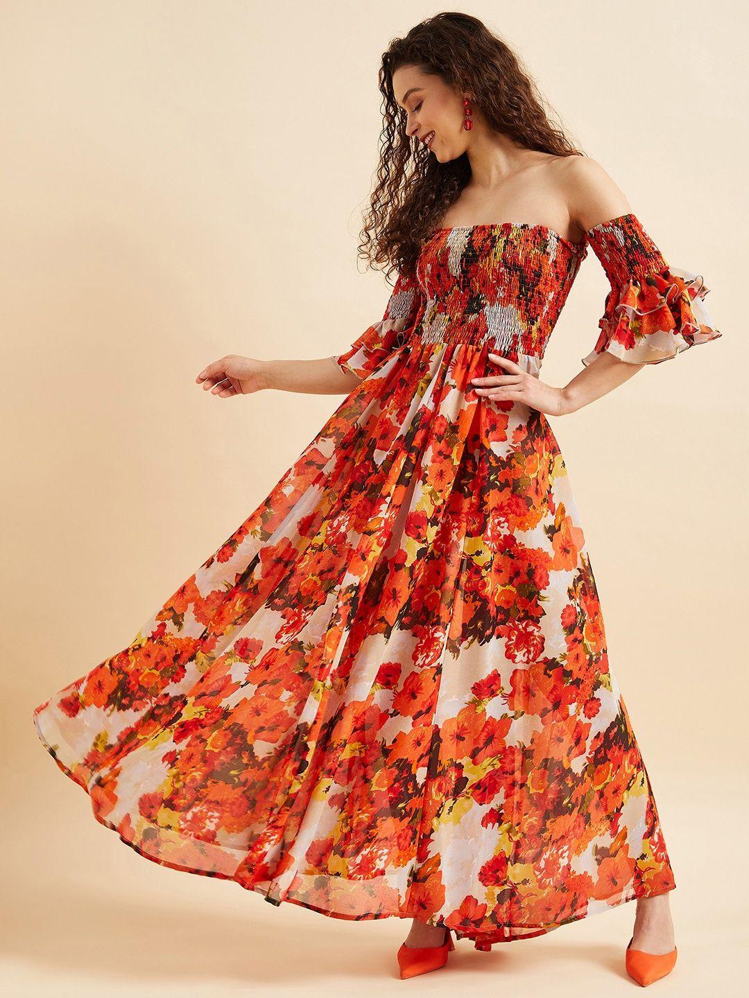 panit floral off-shoulder smocked georgette maxi dress