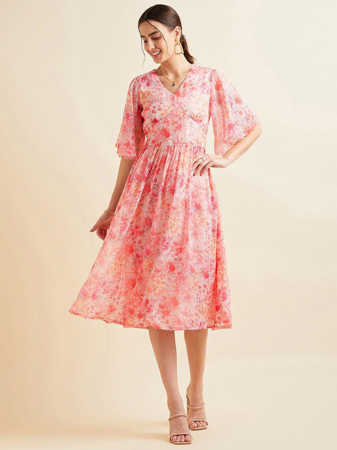 panit floral printed flared sleeves v-neck gathered fit & flare midi dress