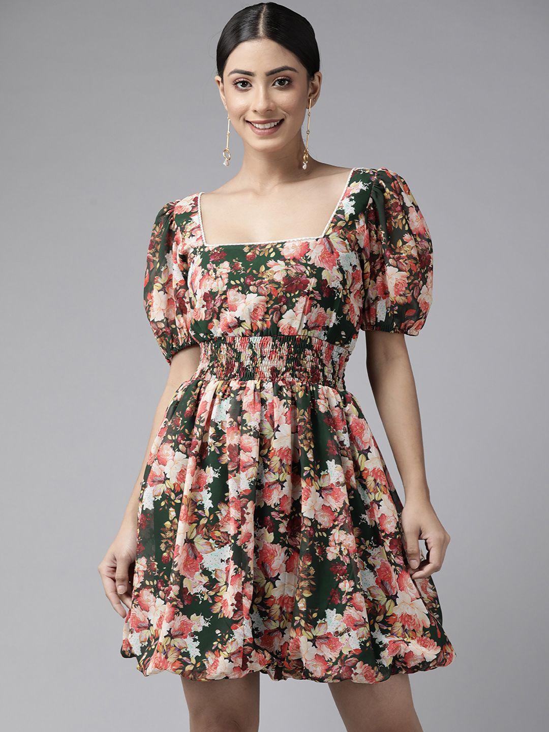 panit green & peach-coloured floral printed smocked balloon dress