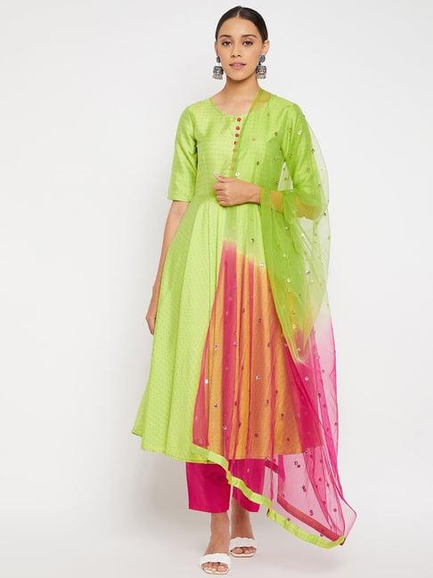 panit green & pink kurta with pant & dupatta set
