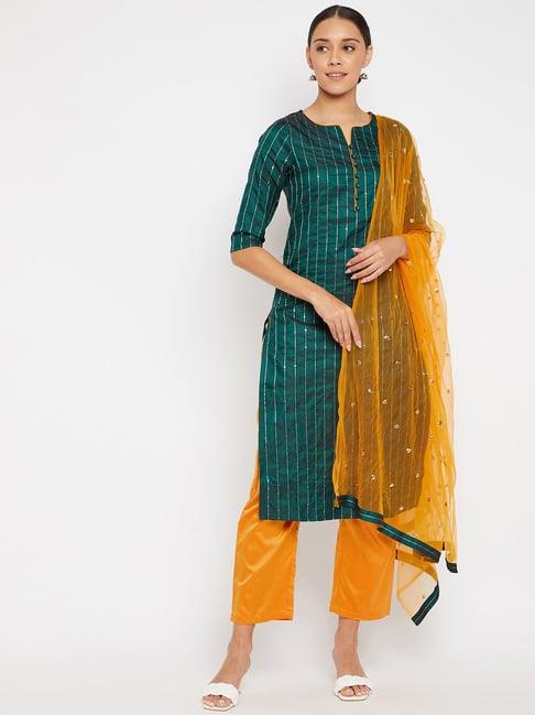 panit green & yellow embellished kurta with pant & dupatta set