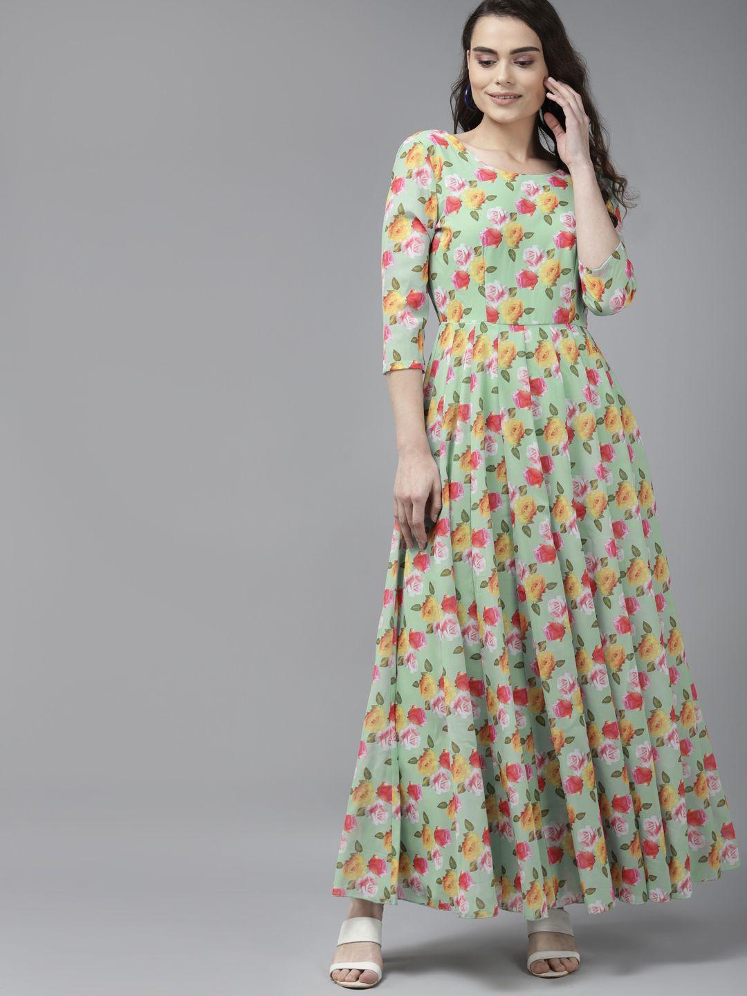 panit green & yellow floral georgette maxi dress