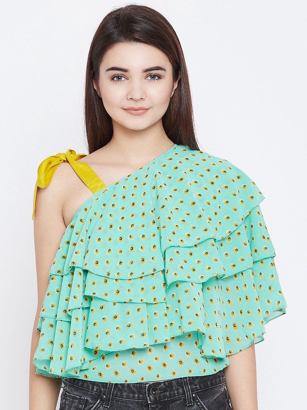 panit green & yellow floral print one shoulder ruffles georgette tiered top