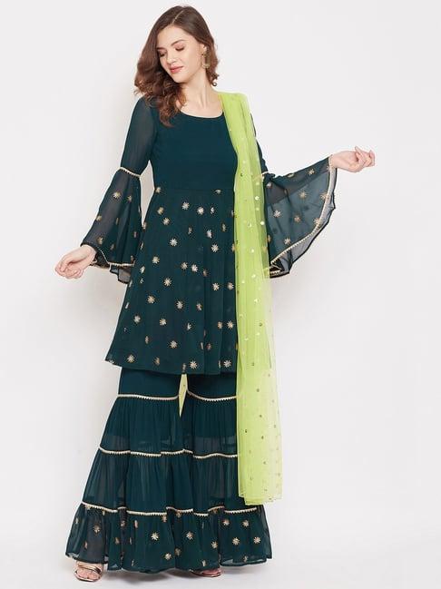 panit green embellished kurta with sharara & dupatta set