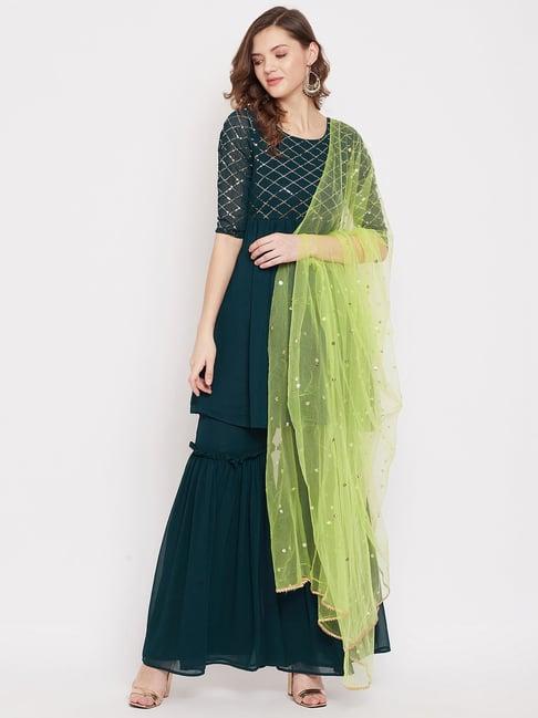 panit green embellished kurta with sharara & dupatta set