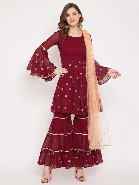panit maroon embellished kurta with sharara & dupatta set